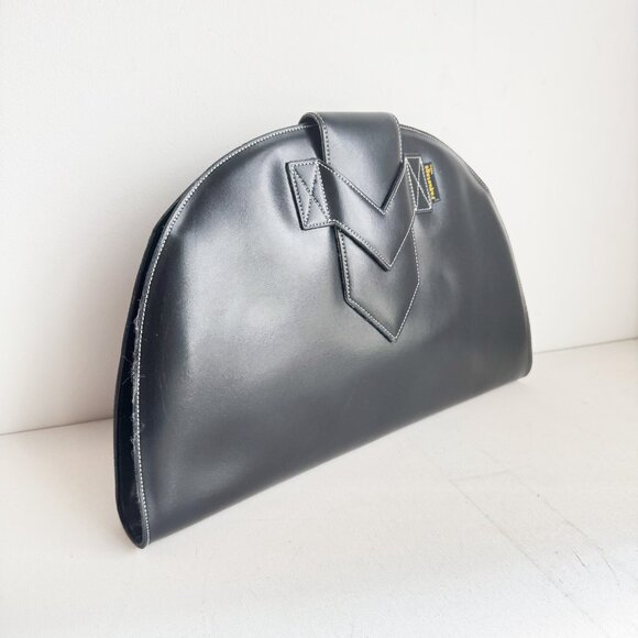 Vintage Paquetage Paris Large Black leather Oval Unique Clutch - Picture 2 of 8